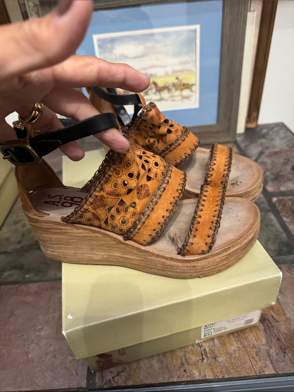 A.S.98 Men's Cognac Leather Wedge Sandals with Black Ankle Strap - Picture 3 of 6